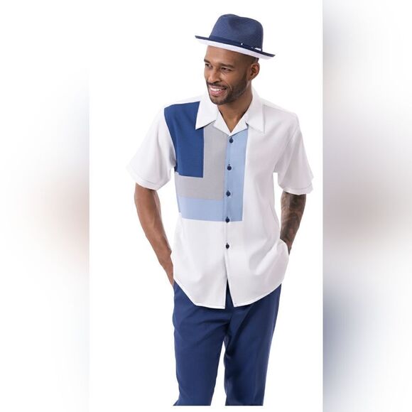 MEN'S MONTIQUE NAVY SQUARE PATTERN SHORT SLEEVE 2 PIECE WALKING SET. - Picture 1 of 9